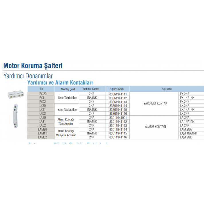 Üst Montaj 2NA Motor Koruma Şalteri Yardımcı Kontağı FX02