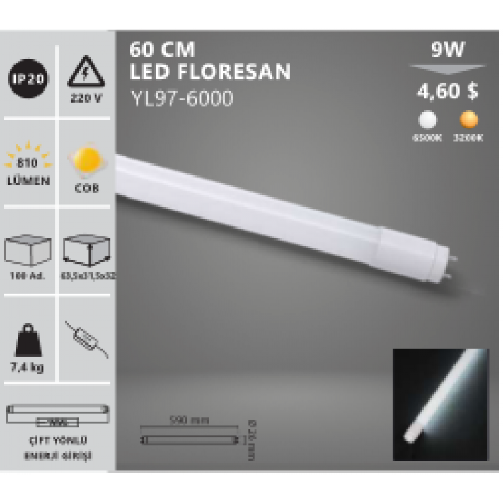 9W 60 Cm Led Floresan